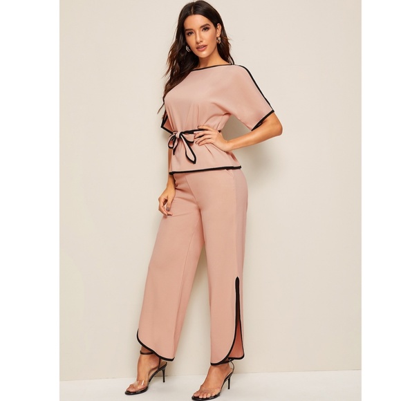 Contrast Trim 2 Piece Belted Pants Suit - Picture 2 of 9